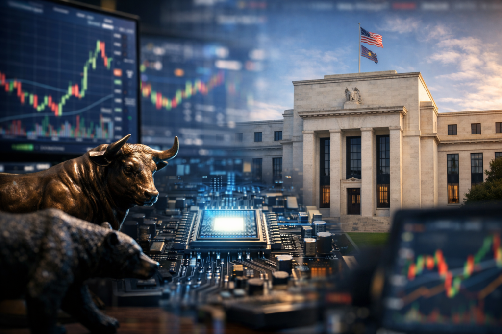 Photorealistic composite showing the Federal Reserve building beside glowing circuit-board hardware and blurred stock charts with bull-and-bear figures in the foreground.