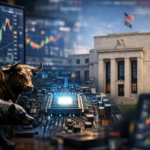 Photorealistic composite showing the Federal Reserve building beside glowing circuit-board hardware and blurred stock charts with bull-and-bear figures in the foreground.
