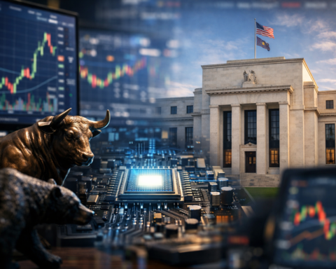 Photorealistic composite showing the Federal Reserve building beside glowing circuit-board hardware and blurred stock charts with bull-and-bear figures in the foreground.