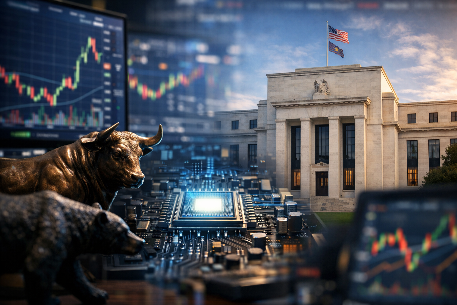 Photorealistic composite showing the Federal Reserve building beside glowing circuit-board hardware and blurred stock charts with bull-and-bear figures in the foreground.