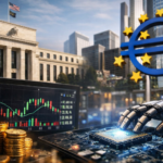 Photorealistic scene combining a central-bank-style building, market candlestick charts, stacked coins, and a glowing microchip touched by a robotic hand, suggesting the intersection of interest rates and technology stocks.