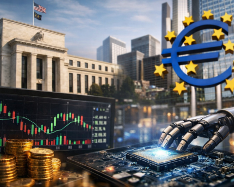 Photorealistic scene combining a central-bank-style building, market candlestick charts, stacked coins, and a glowing microchip touched by a robotic hand, suggesting the intersection of interest rates and technology stocks.