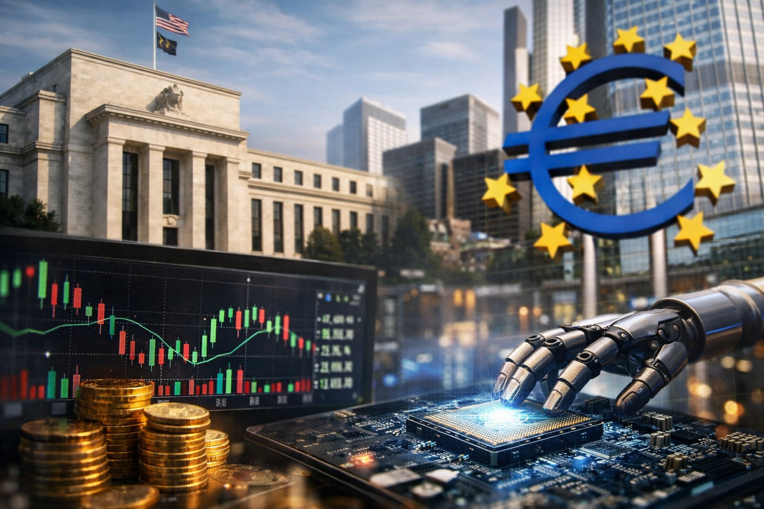 Photorealistic scene combining a central-bank-style building, market candlestick charts, stacked coins, and a glowing microchip touched by a robotic hand, suggesting the intersection of interest rates and technology stocks.