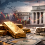 Close-up of gold bars and stacks of silver coins on U.S. dollar bills with a blurred Federal Reserve building and an abstract global market chart overlay in the background.