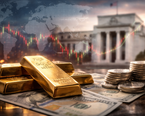 Close-up of gold bars and stacks of silver coins on U.S. dollar bills with a blurred Federal Reserve building and an abstract global market chart overlay in the background.