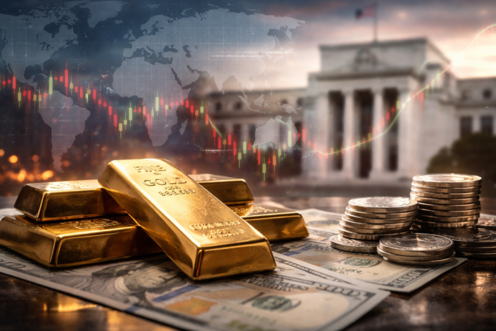 Close-up of gold bars and stacks of silver coins on U.S. dollar bills with a blurred Federal Reserve building and an abstract global market chart overlay in the background.