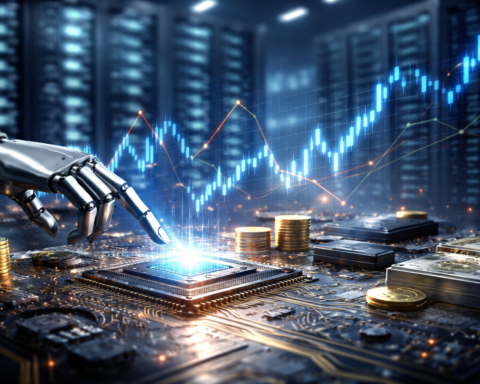 A robotic hand hovers over a glowing microchip on a circuit board, with stacked coins and blurred data-center servers in the background and faint stock-chart lines overlaying the scene.