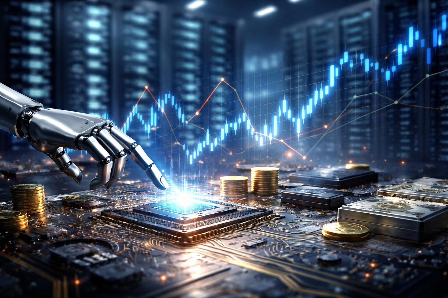 A robotic hand hovers over a glowing microchip on a circuit board, with stacked coins and blurred data-center servers in the background and faint stock-chart lines overlaying the scene.