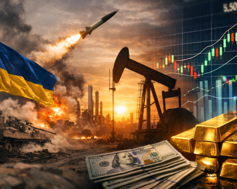 A photorealistic composite showing a Ukrainian flag and battlefield smoke, an oil pumpjack at sunset, and financial market charts beside gold bars and US dollar bills.