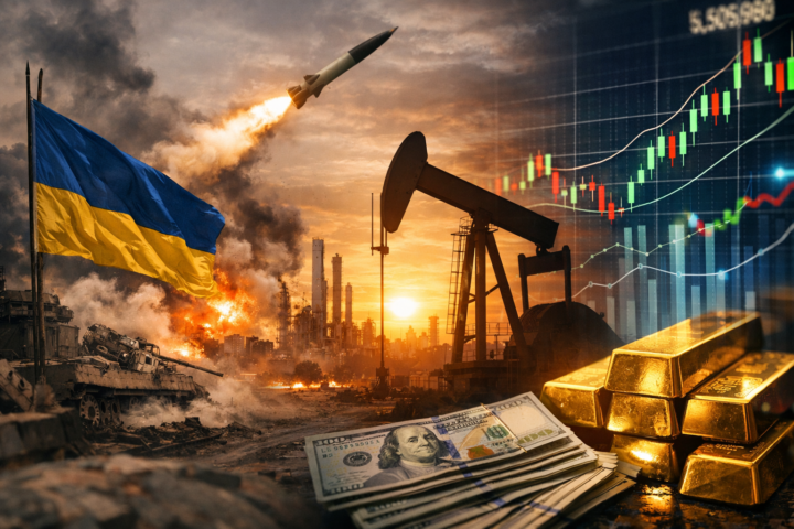 A photorealistic composite showing a Ukrainian flag and battlefield smoke, an oil pumpjack at sunset, and financial market charts beside gold bars and US dollar bills.