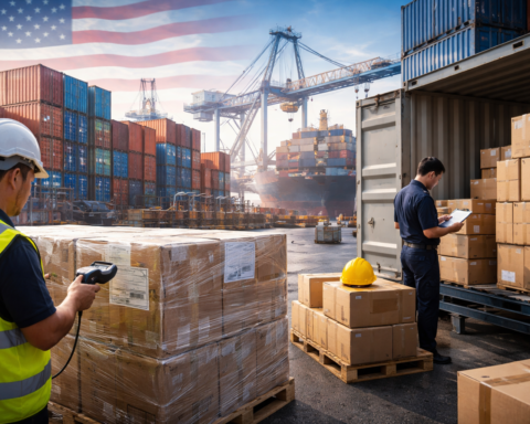 Customs and logistics workers inspect palletized cargo beside stacked shipping containers and a cargo ship at a busy port.