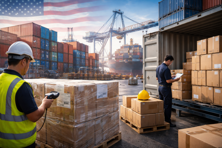 Customs and logistics workers inspect palletized cargo beside stacked shipping containers and a cargo ship at a busy port.