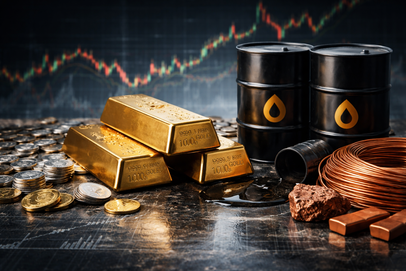 Gold bars, silver coins, oil barrels, and copper wire arranged on a reflective surface with an out-of-focus market chart in the background.