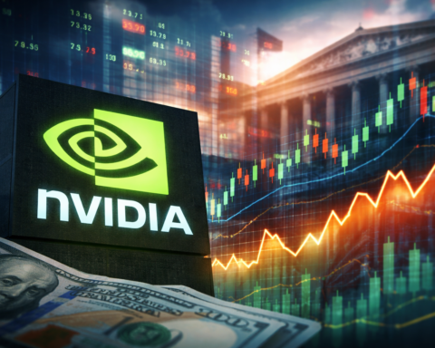 Photorealistic market-themed image showing a semiconductor company sign in the foreground with U.S. dollar bills, overlaid stock charts, and a classical government building in the background.