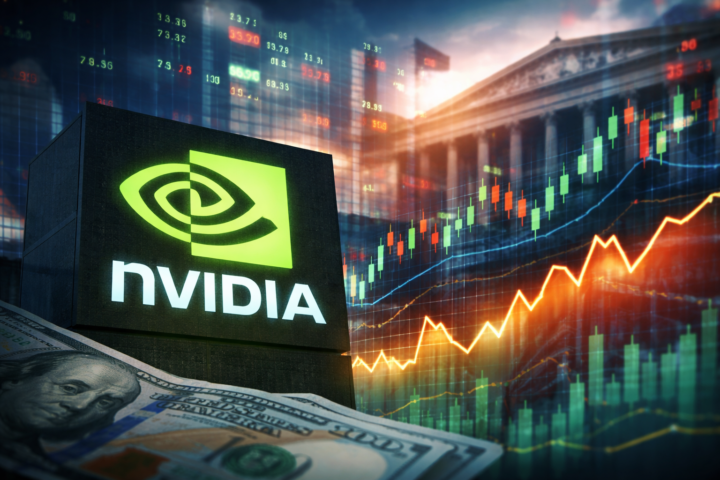 Photorealistic market-themed image showing a semiconductor company sign in the foreground with U.S. dollar bills, overlaid stock charts, and a classical government building in the background.