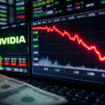 Photorealistic trading screens showing a steep red downward price chart beside a glowing green Nvidia logo, with U.S. dollar bills blurred in the foreground.