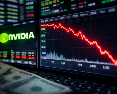 Photorealistic trading screens showing a steep red downward price chart beside a glowing green Nvidia logo, with U.S. dollar bills blurred in the foreground.