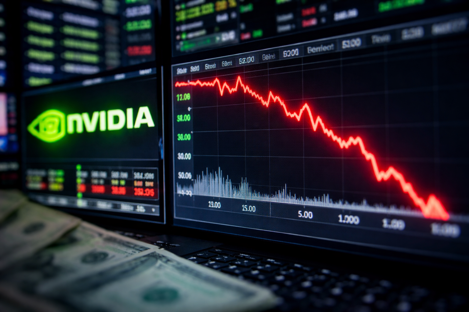 Photorealistic trading screens showing a steep red downward price chart beside a glowing green Nvidia logo, with U.S. dollar bills blurred in the foreground.