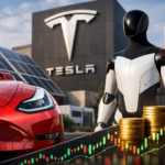 Photorealistic scene showing a red electric car beside solar panels, stacked coins, a humanoid robot, and a market candlestick chart, suggesting Tesla earnings and strategy shift.