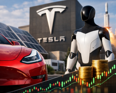 Photorealistic scene showing a red electric car beside solar panels, stacked coins, a humanoid robot, and a market candlestick chart, suggesting Tesla earnings and strategy shift.