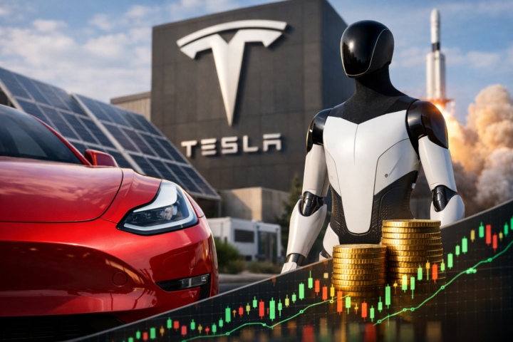 Photorealistic scene showing a red electric car beside solar panels, stacked coins, a humanoid robot, and a market candlestick chart, suggesting Tesla earnings and strategy shift.