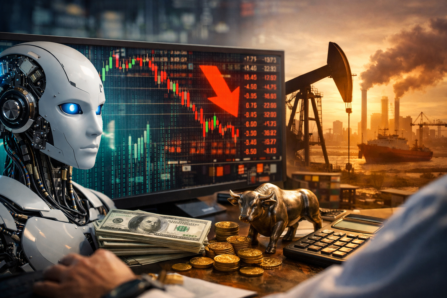A trading desk scene showing a falling stock chart beside AI imagery and industrial energy infrastructure, symbolizing tech-led volatility and rotation into traditional sectors.