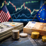 Stacks of U.S. dollars and euro notes beside coins, with U.S. and EU flags and blurred forex charts in the background.