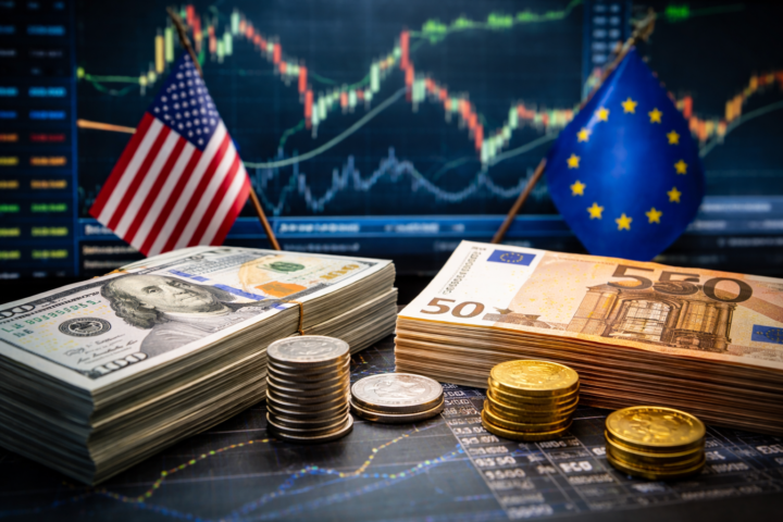 Stacks of U.S. dollars and euro notes beside coins, with U.S. and EU flags and blurred forex charts in the background.