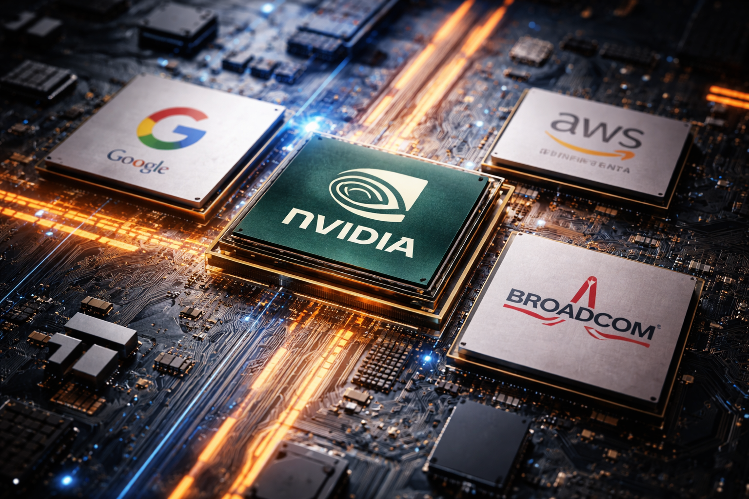 Photorealistic close-up of advanced AI processor chips on a circuit board with glowing data pathways, representing hyperscaler custom silicon and GPU infrastructure.