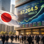 Japanese national flag waving beside a modern financial district building with a large electronic market board showing a steep upward stock chart and crowded commuters below.