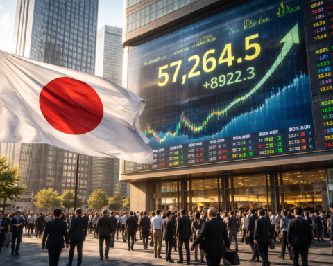 Japanese national flag waving beside a modern financial district building with a large electronic market board showing a steep upward stock chart and crowded commuters below.
