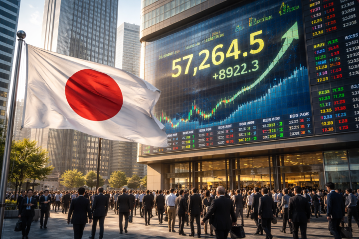 Japanese national flag waving beside a modern financial district building with a large electronic market board showing a steep upward stock chart and crowded commuters below.