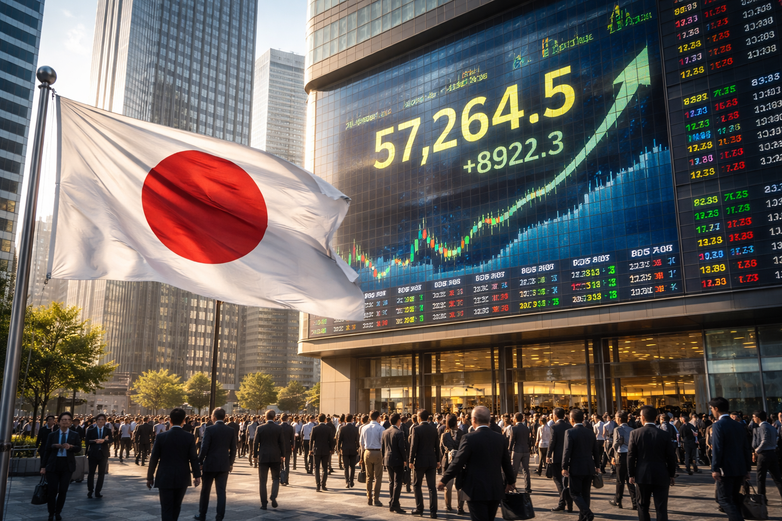 Japanese national flag waving beside a modern financial district building with a large electronic market board showing a steep upward stock chart and crowded commuters below.