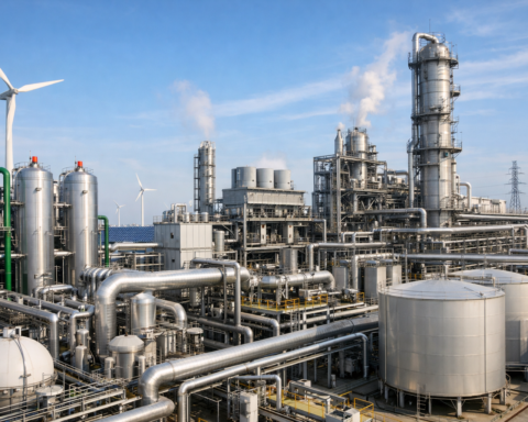 Industrial synthetic aviation fuel plant with hydrogen electrolysis systems and storage tanks powered by renewable energy.