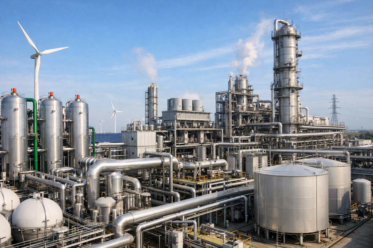 Industrial synthetic aviation fuel plant with hydrogen electrolysis systems and storage tanks powered by renewable energy.