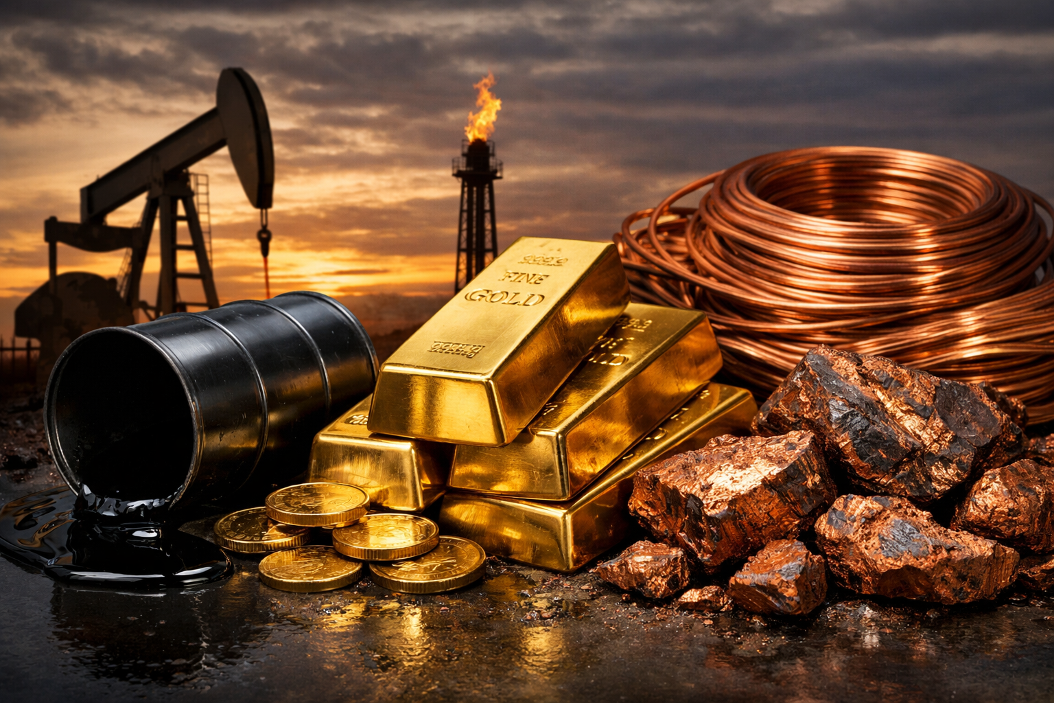 Photorealistic feature image showing an oil barrel with spilled crude, stacked gold bars and coins, and coiled copper wire with ore in front of an energy production backdrop at dusk.