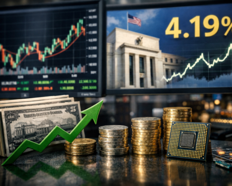 A photorealistic financial scene with stock charts on monitors, stacks of coins, U.S. currency, and a computer chip symbolizing markets, interest rates, and technology leadership.