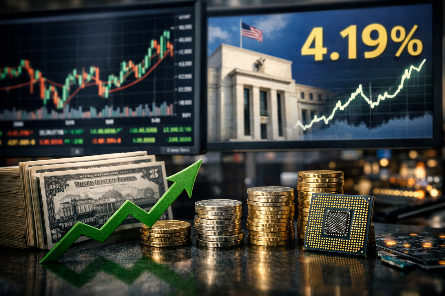 A photorealistic financial scene with stock charts on monitors, stacks of coins, U.S. currency, and a computer chip symbolizing markets, interest rates, and technology leadership.
