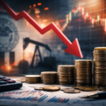 Photorealistic financial scene with stacked coins on a desk, a calculator and charts in the foreground, and a downward market arrow with blurred Federal Reserve and oil pump imagery in the background.