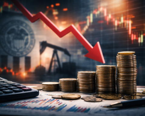 Photorealistic financial scene with stacked coins on a desk, a calculator and charts in the foreground, and a downward market arrow with blurred Federal Reserve and oil pump imagery in the background.
