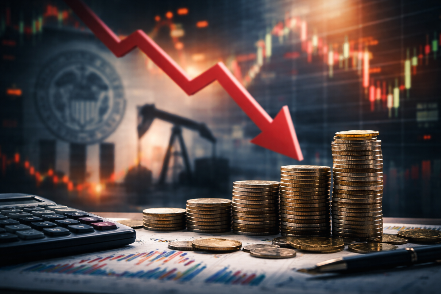 Photorealistic financial scene with stacked coins on a desk, a calculator and charts in the foreground, and a downward market arrow with blurred Federal Reserve and oil pump imagery in the background.