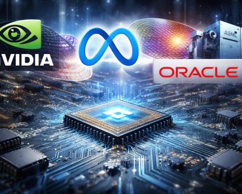 Photorealistic close-up of a glowing advanced processor on a circuit board, with colorful silicon wafers and a large chipmaking machine in the background, symbolizing AI infrastructure and semiconductor manufacturing.