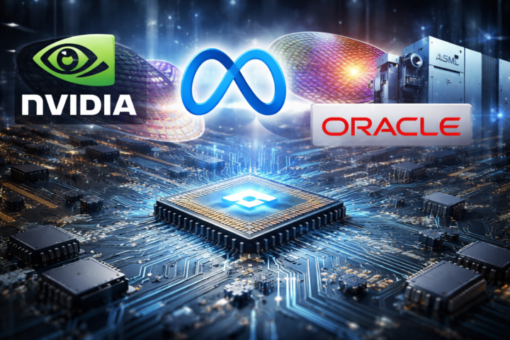Photorealistic close-up of a glowing advanced processor on a circuit board, with colorful silicon wafers and a large chipmaking machine in the background, symbolizing AI infrastructure and semiconductor manufacturing.