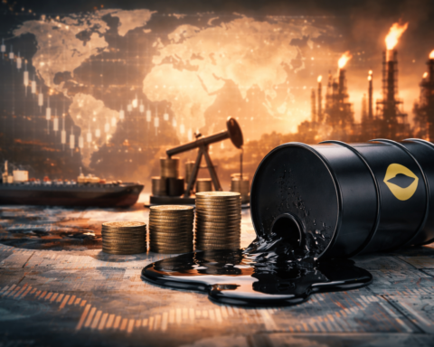 Photorealistic scene of a black oil barrel leaking crude beside stacked coins, with a tanker, pump jack and refinery in the background against a glowing world map.
