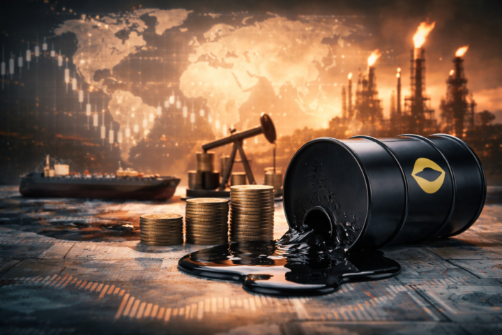 Photorealistic scene of a black oil barrel leaking crude beside stacked coins, with a tanker, pump jack and refinery in the background against a glowing world map.