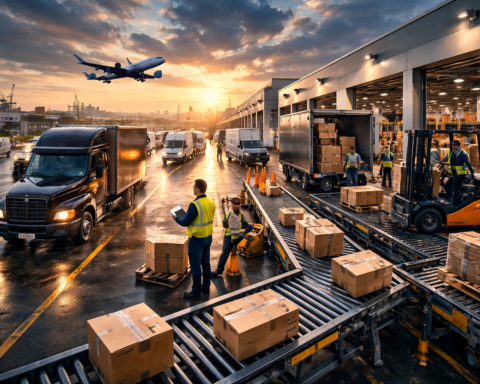 Photorealistic view of a busy package logistics hub at sunrise, with delivery vans, a conveyor carrying boxes, warehouse workers, a forklift and a cargo jet overhead.