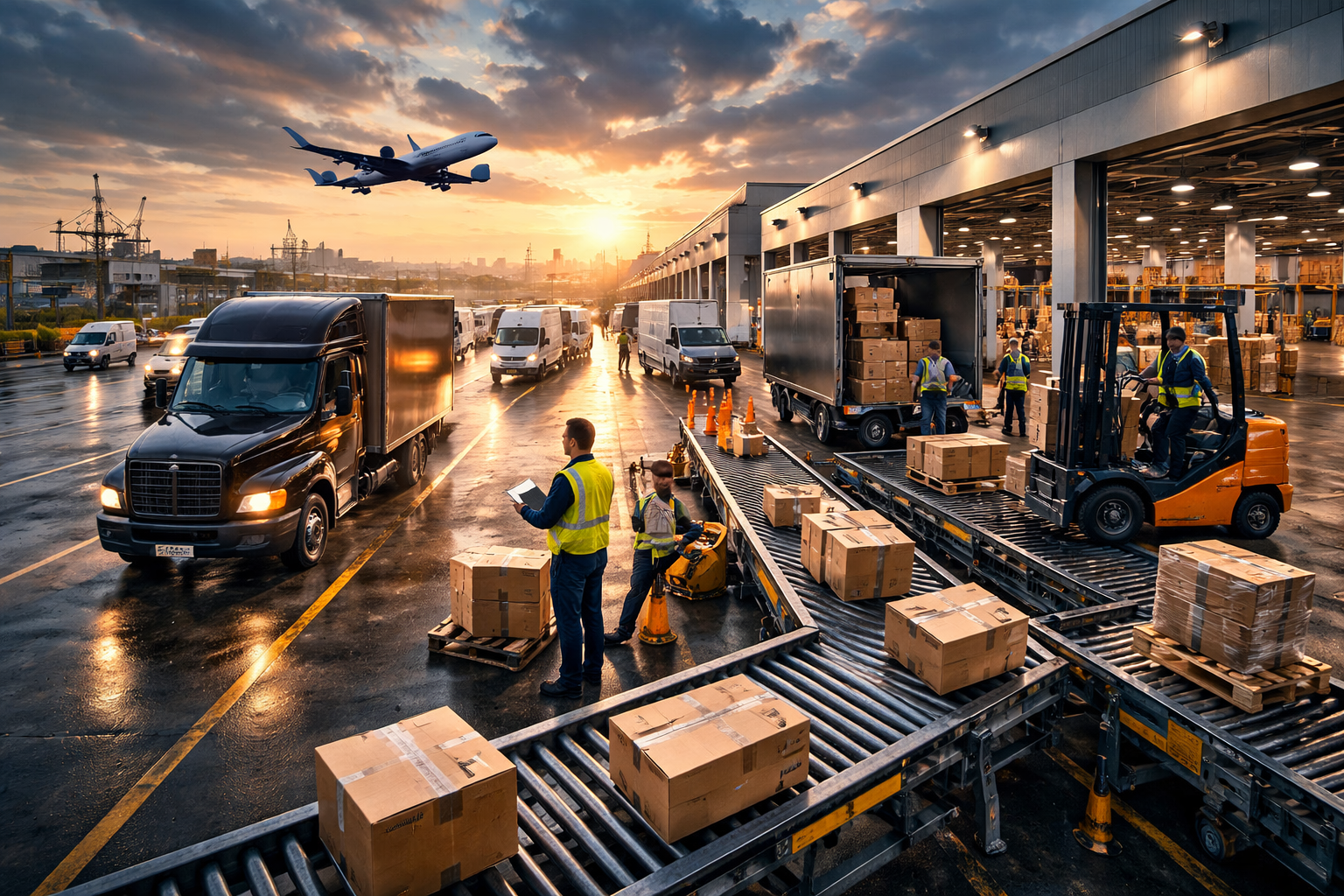 Photorealistic view of a busy package logistics hub at sunrise, with delivery vans, a conveyor carrying boxes, warehouse workers, a forklift and a cargo jet overhead.