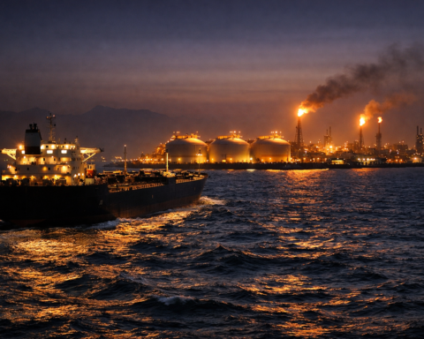 A large oil tanker moves through dark water at dusk, with brightly lit storage tanks and refinery flares glowing along the shoreline in the background.