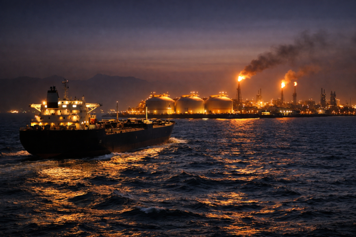 A large oil tanker moves through dark water at dusk, with brightly lit storage tanks and refinery flares glowing along the shoreline in the background.