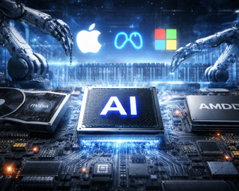 Photorealistic close-up of a glowing microchip on a circuit board in a blue-lit data center, with robotic arms and server racks in the background.